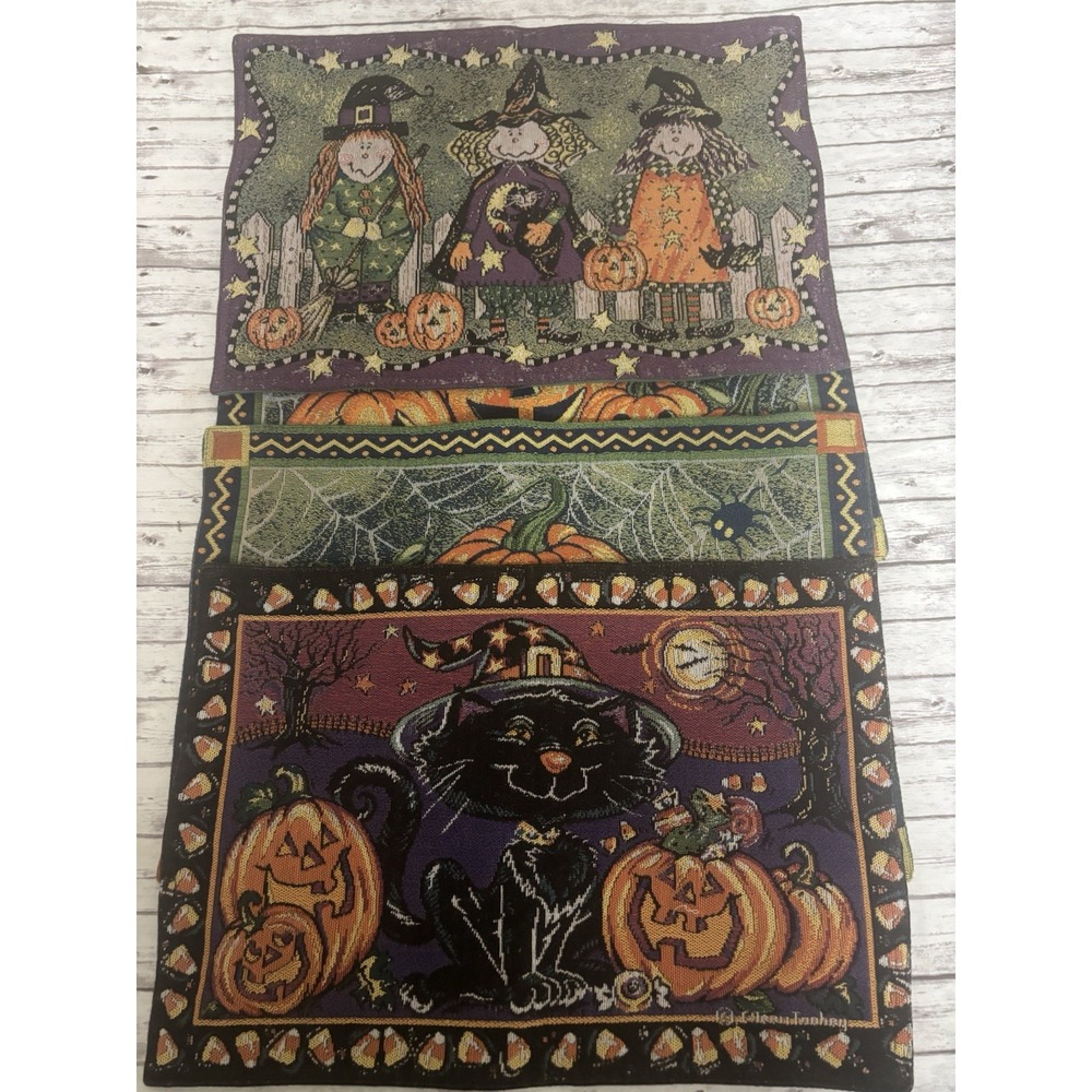Vintage 90s Placemats Fabric Tapestry Woven Halloween Set Of 4 Retro